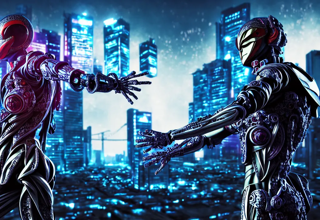 Image similar to kamen rider action pose, human structure concept art, human anatomy, full body hero, intricate detail, hyperrealistic art and illustration by irakli nadar and alexandre ferra, global illumination, on tokyo cyberpunk night rooftop, frostbite engine