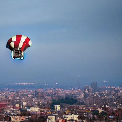 Image similar to blimp. over a city with a picture of a cow