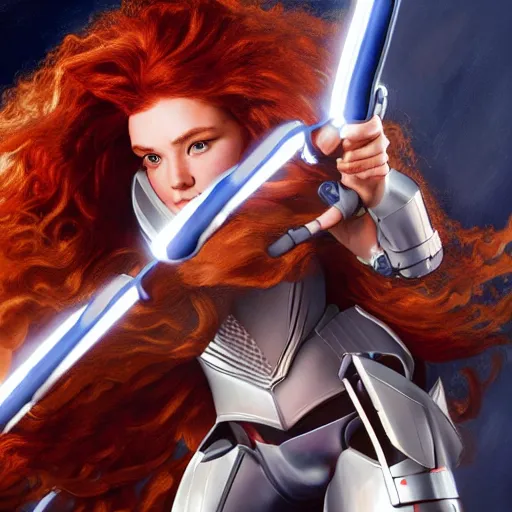 Image similar to high detailed close up of, energetic female cyborg Disney princess Merida, wearing futuristic cybernetic battle armor, balance composition, dramatic lighting, 8k, painted by Alex Ross