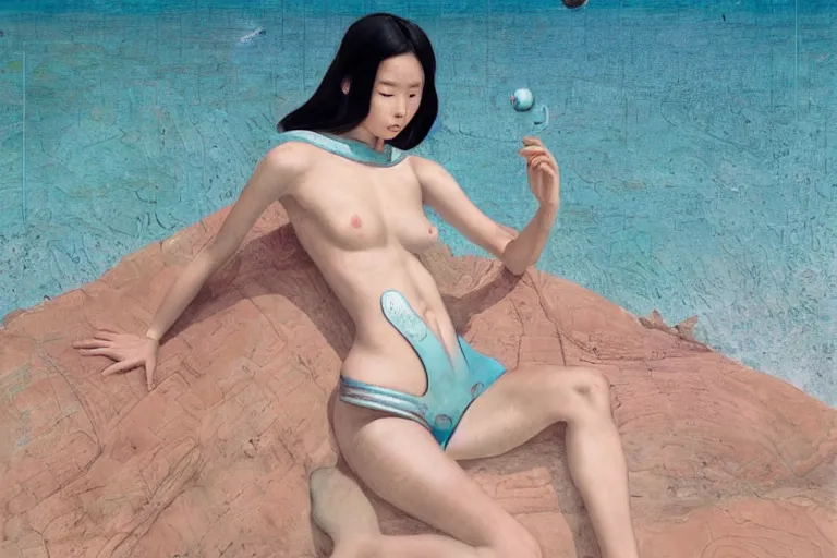 Prompt: lee jin - eun in astronaut dress emerging from turquoise water in egyptian pyramid by dino valls, nicola samuri, conrad roset, m. k. kaluta, martine johanna, rule of thirds, seductive look, beautiful, refined