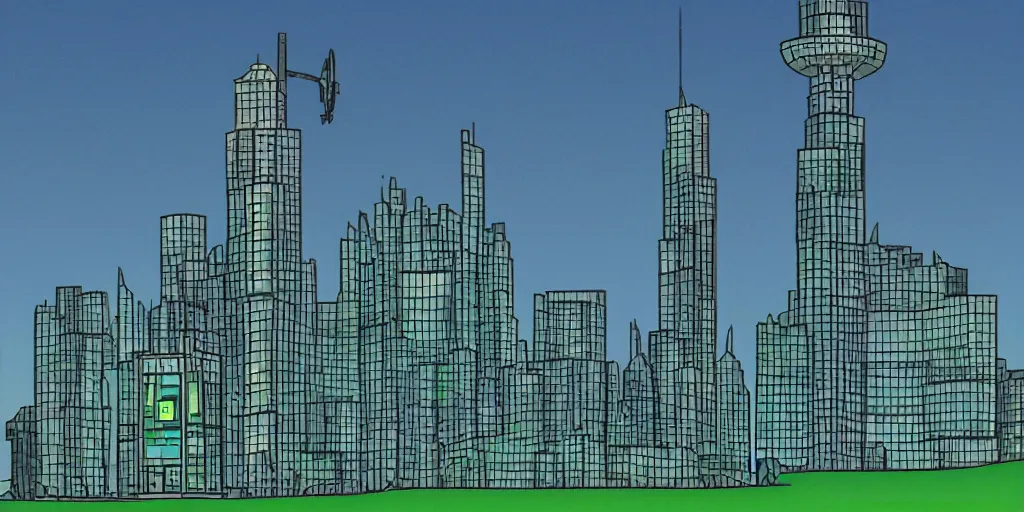 Prompt: a tall building over a grass field at night, disjointed style, Duck Dodgers in the 24½th Century style