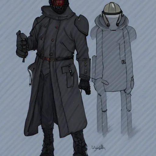 Prompt: extremely musuclar gothic firefighter detective in a dark armored trenchcoat tucked into his pants, futuristik knight, with grey skin in a long coat undead grey cloaked, sharply dressed, gas mask, bald, red sleeves, dark undershirt, belts, high boots, highly detailed, artstation