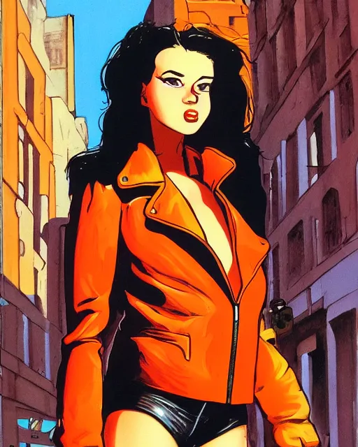 Image similar to young female protagonist in leather jacket, city street, artwork by ralph bakshi