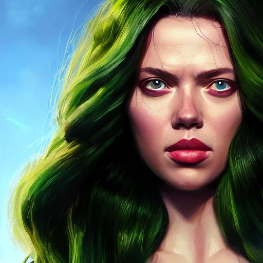 Image similar to she hulk, played by scarlett johannson, beautiful, cinematic, head and shoulders, trending on artstation, digital art, hyper realistic, striking pose, by greg rutkowski