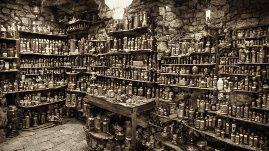 Prompt: 12th century apothecary shop, film still from the game skyrim, wide lens