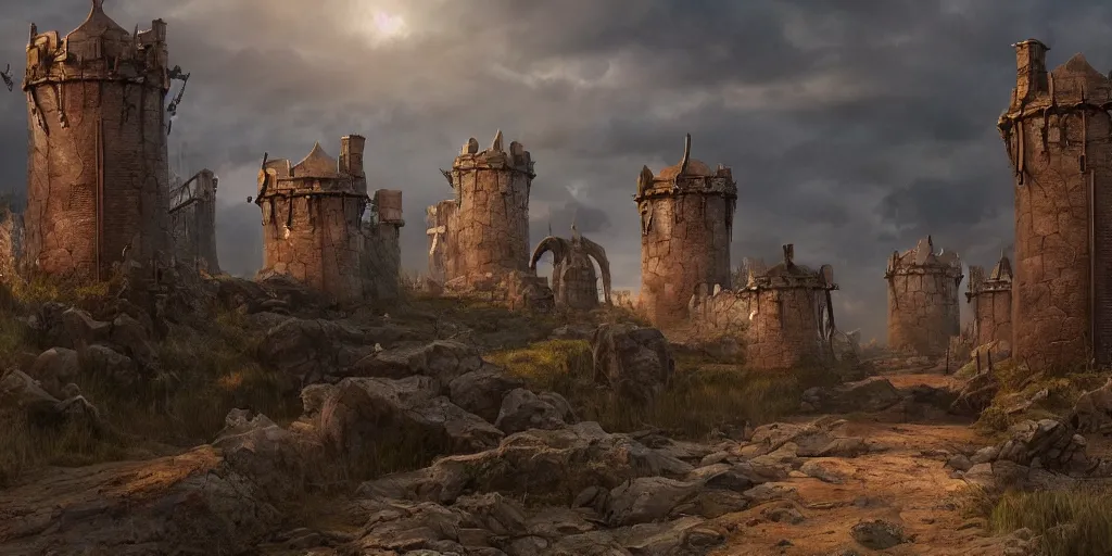 Prompt: beautiful matte painting of a giant wall with guard towers by weta workshop 8 k, cinematic dramatic atmosphere, dramatic lighting