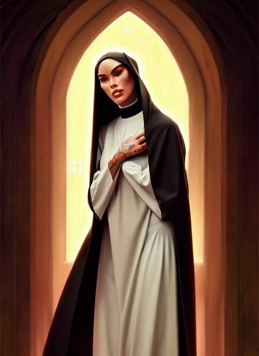 Image similar to portrait of megan fox as a sultry nun, catholic, church, bible, christian, intricate, headshot, highly detailed, digital painting, artstation, concept art, sharp focus, cinematic lighting, illustration, art by artgerm and greg rutkowski, alphonse mucha, cgsociety