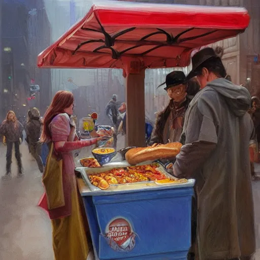 Image similar to Hot-dog stand seller, fantasy D&D, portrait art by Donato Giancola and James Gurney, digital art, trending on artstation