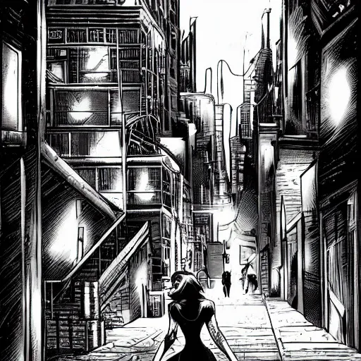 Prompt: beautiful landscape of gotham city back alley in the night with girl walking on the street, grayscale color scheme, comic book artstyle, by jack kirby