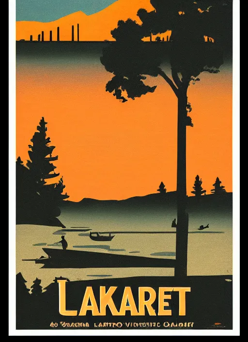 Image similar to a vintage vacation poster for lake merritt in oakland with a smoky dark orange sky