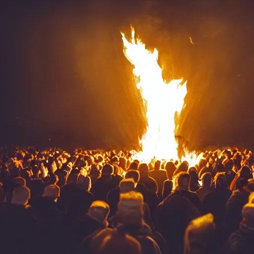 Prompt: a crowd of people standing in front of a fire, a flemish baroque by elsa bleda, unsplash, nuclear art, hellish, dystopian art, volumetric lighting