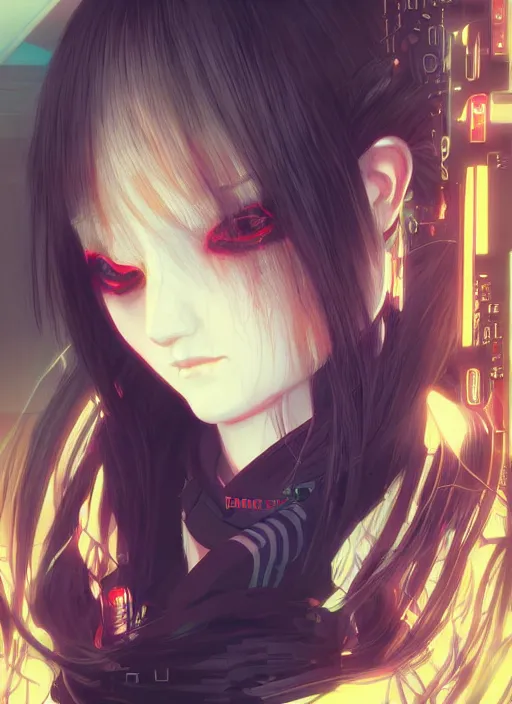 Image similar to portrait Anime girl cyberpunk, cute-fine-face, white-hair pretty face, realistic shaded Perfect face, fine details. Anime, cyberpunk. realistic shaded lighting by Ilya Kuvshinov and Gustav Klimt