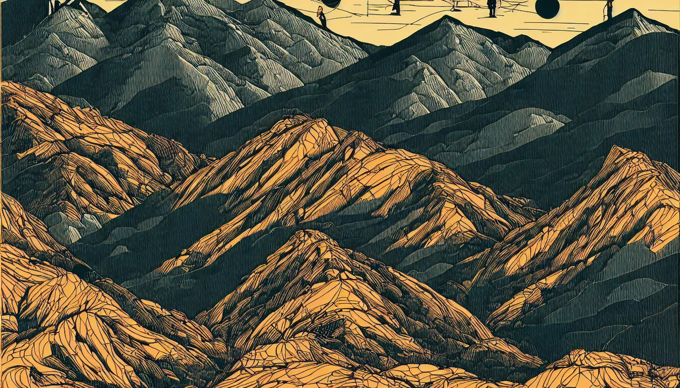 Image similar to hiking mountain ridge by dan mumford and peter doig and edward hopper, symmetrical, minimal, black ink, thick lines highly detailed, muted colours, overlaid with chinese adverts, 8 k