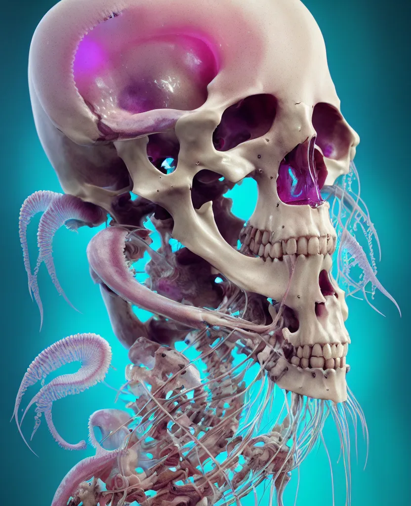 Image similar to symmetry!! goddess close - up portrait human skeleton, ram skull, squid phoenix jellyfish, orchid, betta fish, bioluminiscent, intricate artwork by tooth wu and wlop and beeple. octane render, trending on artstation, greg rutkowski very coherent symmetrical artwork. cinematic, hyper realism, high detail, octane render, 8 k