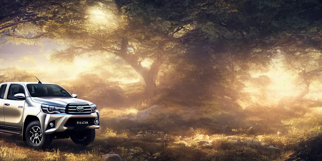 Image similar to toyota hilux, magical environment, unreal 5, hyperrealistic, realistic, photorealistic, dynamic lighting, highly detailed, cinematic landscape, studio landscape, studio lighting