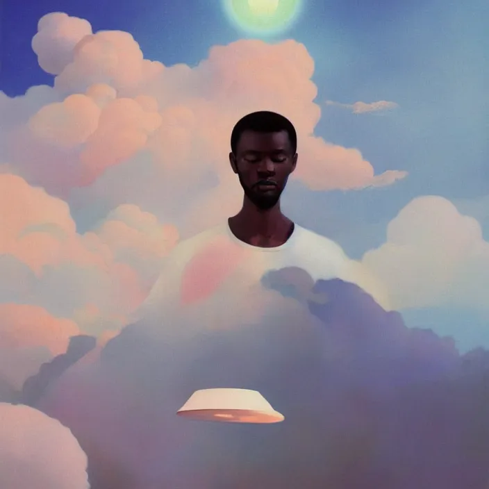 Image similar to UFO hovering over an African Jesus , clouds, colourful, painting by Hsiao-Ron Cheng,