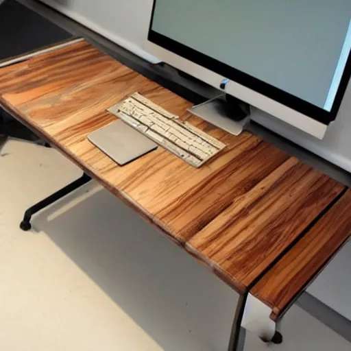 Prompt: a modern computer table made of wood and metal