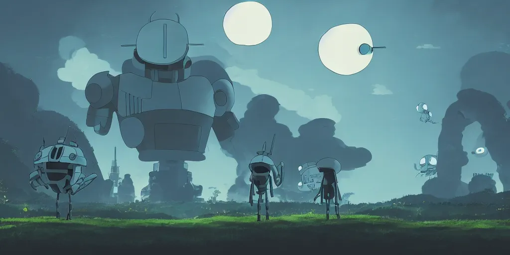 Prompt: Iron Giant, hollow knight, Very Cloudy Sky, Sun, Neon Lights, Subject in Middle, Rule of Thirds, 4K, Retrofuturism, hollow knight, Studio Ghibli, Simon Stålenhag