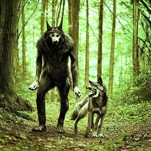 Image similar to werecreature consisting of a human and wolf, photograph captured in a forest