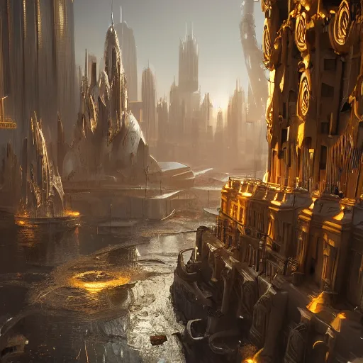 Image similar to a golden fantasy sci fi luxurious city, scandinavian / norse influenced, cinematic, ray traced, octane render, cinematic lighting, ultrarealistic, featured on artstation, 8 k uhd artwork