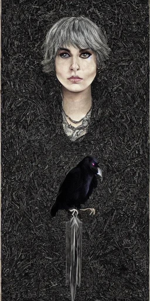 Image similar to portrait of a raven in a vantablack cloak and holding a symbolic weapon. portrait hung up in a windows 9 8 castle. r / oldschoolfantasy