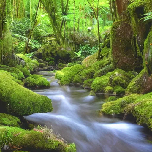 Prompt: a stream running through a lush forest, ghibli