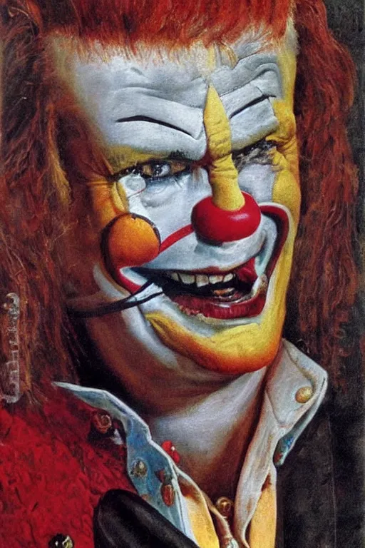 Image similar to a closer personal portrait of!!!!!! clownvis presley!!!!!! very charismatic. in the old ancient temple. masterpiece, dark. painted by norman rockwell and james gurney