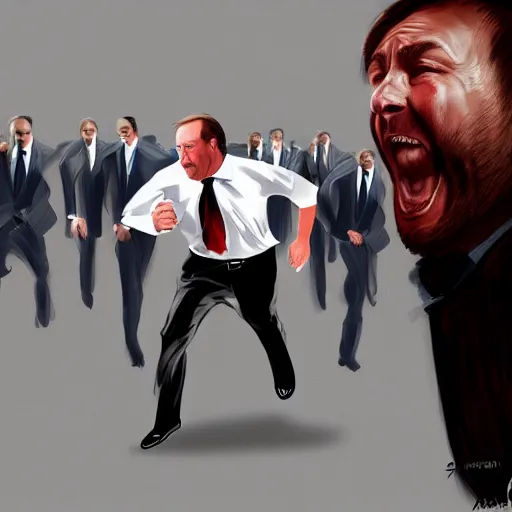 Image similar to Scared and frantic Alex Jones running from men in suits, digital painting, hype realistic, trending on art station