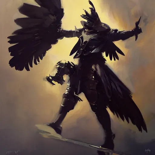 Image similar to greg manchess portrait painting of a crow inspired armor, open wings, medium shot, asymmetrical, profile picture, organic painting, sunny day, matte painting, bold shapes, hard edges, street art, trending on artstation, by huang guangjian and gil elvgren and sachin teng