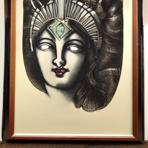 Prompt: Boudicca, art deco, lithograph