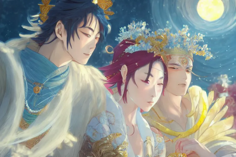 Image similar to close up moment of a divine a japan sun god and a moon goddess lovers magician at a wedding banquet, highly detailed, d & d, fantasy, 4 k realistic, digital painting, trending on artstation, concept art, sharp focus, illustration, art by makoto shinkai and akihiko yoshida and daniel gerhartz