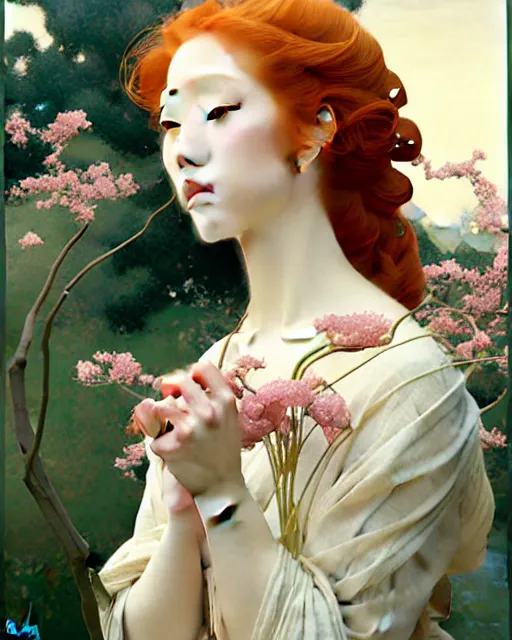 Image similar to Beautiful and playful ethereal ginger portrait, art nouveau, fantasy, intricate flower designs, elegant, highly detailed, sharp focus, art by Hasui Kawase, Camille Corot, Artgerm and Greg Rutkowski and WLOP