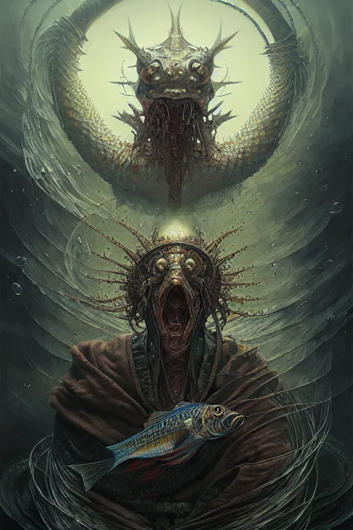 Image similar to fish wizard by anna podedworna, ayami kojima, greg rutkowski, giger, maxim verehin