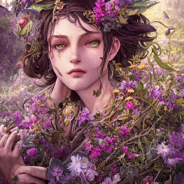 Image similar to the portrait of chaotic good female druid botanist as absurdly beautiful, gorgeous, elegant, young gravure idol, an ultrafine hyperdetailed illustration by kim jung gi, irakli nadar, intricate linework, sharp focus, bright colors, octopath traveler, final fantasy, unreal engine 5 highly rendered, global illumination, radiant light, detailed and intricate environment