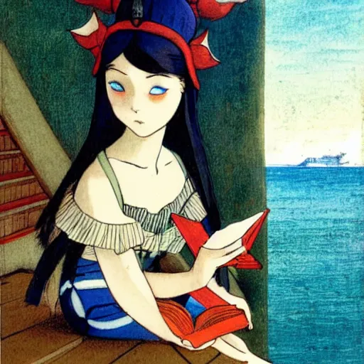 Prompt: A girl jester on the front of a Balustrade with a beach on the background, major arcana, a colab between studio ghibli and paul delaroche