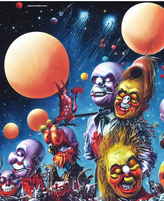 Prompt: illustration of Killer Klowns from Outer Space, Les Edwards poster art, detailed