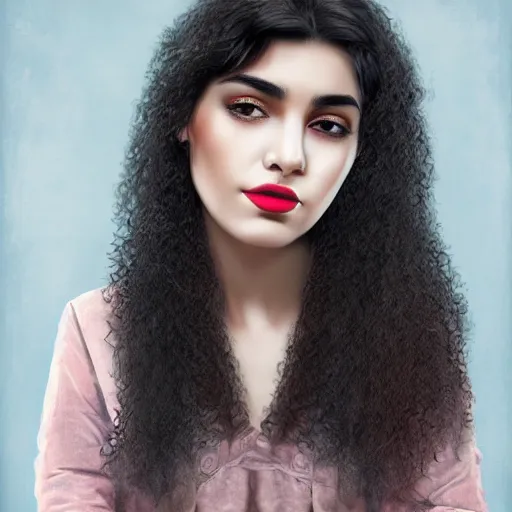 Image similar to portrait of a persian young lady with curly black hair, round face, medium size lips, big brown eyes, photo, hyperrealistic, focused, detailed