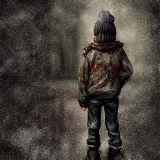 Image similar to detailed half body digital art for a game of a child wearing ragged, heavy and ruined clothes with a winter hat. moody and melanchony. the background is dark.