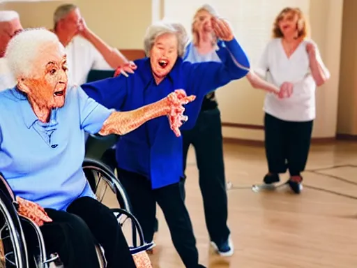 Prompt: a nursing home mosh pit