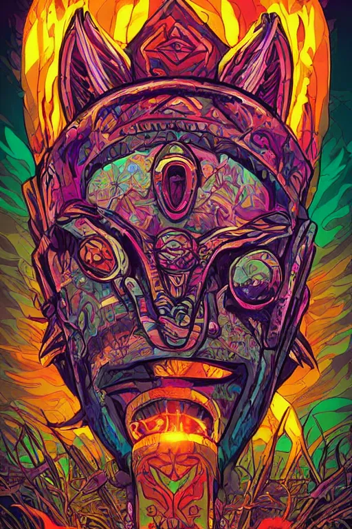 Image similar to totem animal tribal chaman vodoo mask feather gemstone plant wood rock video game illustration vivid color borderlands by josan gonzales and dan mumford radiating a glowing aura