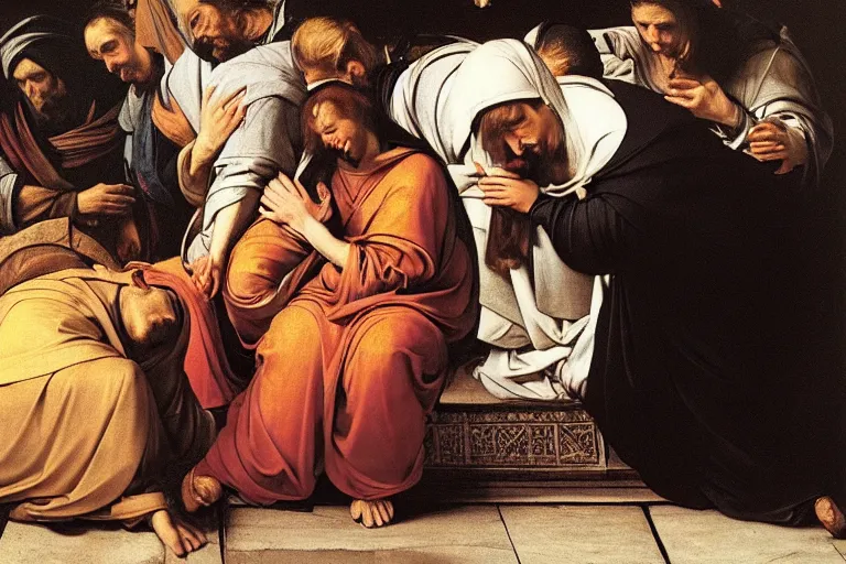 Image similar to 3 women mourning at the tomb of christ, caravaggio, rubens