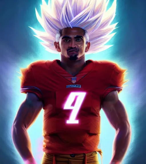 Image similar to highly detailed portrait of super saiyan jalen hurts, philadelphia eagles football, unreal engine, fantasy art by greg rutkowski, loish, rhads, ferdinand knab, makoto shinkai and lois van baarle, ilya kuvshinov, rossdraws, tom bagshaw, global illumination, radiant light, detailed and intricate environment