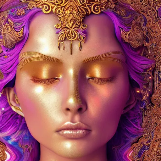 Image similar to psychadelic goddess made of golden marble, beautiful face, hyper detailed, flowing psychadelic background intricate and detailed, ornate 8 k gorgeous intricate detailed, octane render