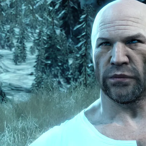 Image similar to character screenshot of ufc president dana white, npc, skyrim, wilderness, 1 0 8 0 p, bokeh, elder scrolls v, detailed, dialog text