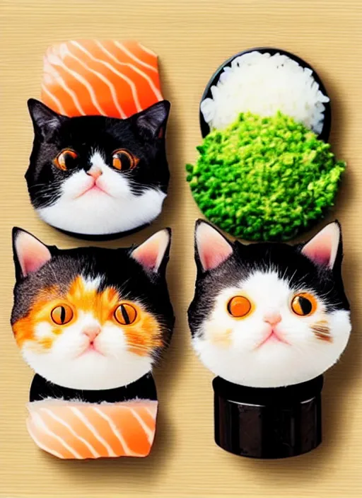 Image similar to clear photorealistic picture of adorable cats made from sushi rice, sitting on sushi plates with wasabi paste and soy sauce