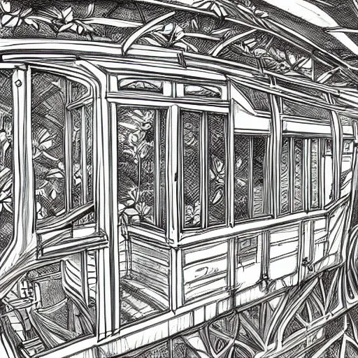 Image similar to annotated highly, detailed and intricate, sketch of the inside of a carriage cabin full of green plants, marker concept art style rendering, concept art, half blueprint, trending on artstation, intricate details, center frame, annotations