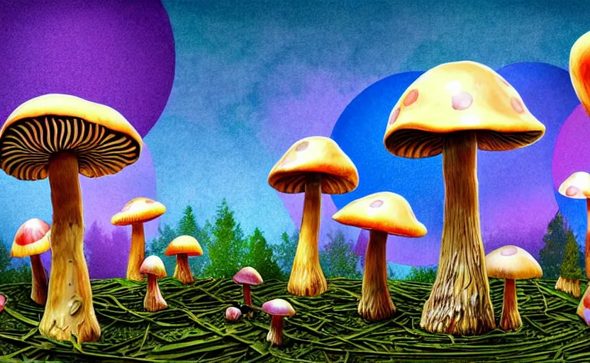 Prompt: one single stand alone huge hyperdetailed elaborate mushroom, seen from the long distance, at night. in a wood made of paper and plastics. free sky in shiny matte colour. 8 x 1 6 k hd mixed media 3 d collage in the style of a childrenbook illustration in vibrant pastel tones. matte background no frame hd