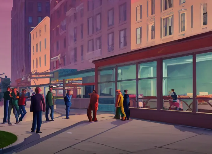Image similar to crowd of working citizens carrying daily routines on the backdrop of missiles hitting residential buildings, DSLR 35mm, by Edward Hopper and Dan Mumford, Unreal Engine 5, Lumen, Nanite