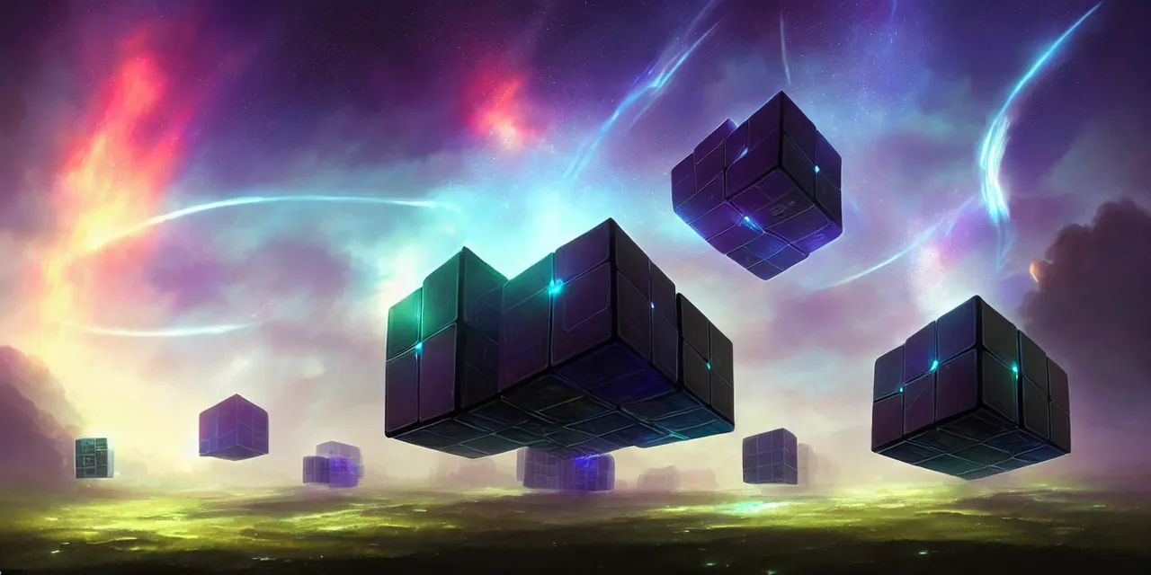 Image similar to a fleet of giant glowing futuristic cubes tied to each other with glowing light tubes in the sky, a fantasy magical landscape seen in the distance, atmospheric lighting, intricate, volumetric lighting, beautiful, sharp focus, ultra detailed, in the art style of marc simonetti, bowater charlie and brom gerald, astrophotography