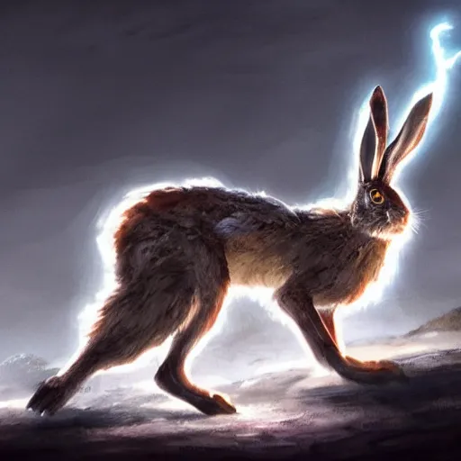 Prompt: hare with glowing white eyes In style of Hyung-tae Kim, Greg Rutkowski and Larry Elmore, concept art, trending on ArtStation, Korean MMORPG, over-detailed art, 8K, epic, dynamic lightning, scenery